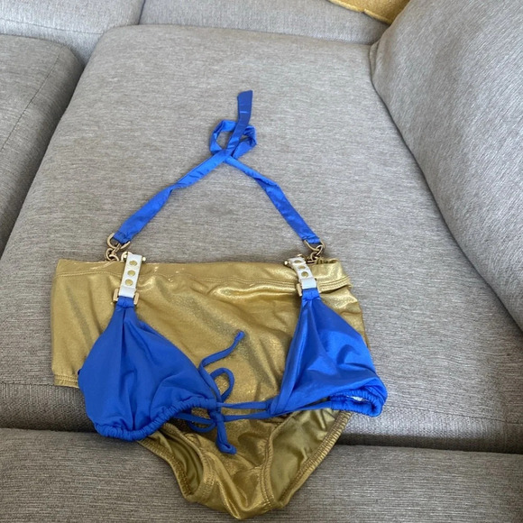 Beach bunny bronze leather and gold chain triangle top bikini size large blue - Picture 10 of 15